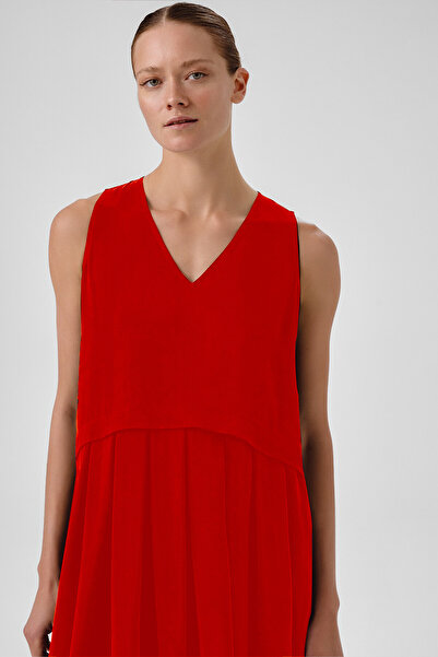 Triko Mısırlı Nar Çiçeği Eteği Pileli Kolsuz Uzun Elbise