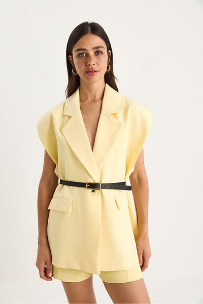 Bianco Lucci Women's Pocket Detailed Belted Padded Oversize Lined Blazer Vest 11143 60281003