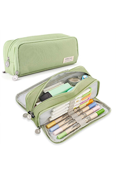Choice حقيبة أقلام خضراء كبيرة السعة مكونة من 3 أقسام متعددة الوظائف للبنات و...