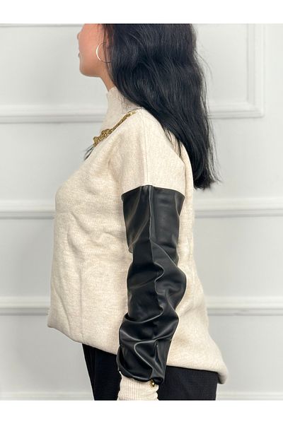 RACE FASHİON Necklace Detailed Sleeve Part Leather Knitwear Sweater Rc8205