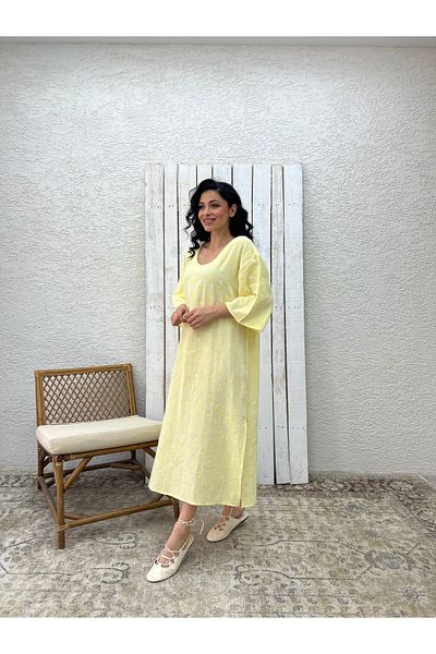 KÜÇÜĞÜM BUTİK Yellow Embroidered Loose Cut Muslin Dress