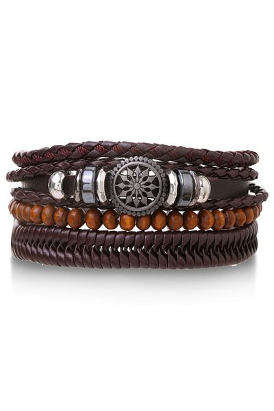 Choice 4 4Pcs/ Set Braided Wrap Leather Bracelets for Men Vintage Life Tree Rudder Charm Wood Beads Ethnic.