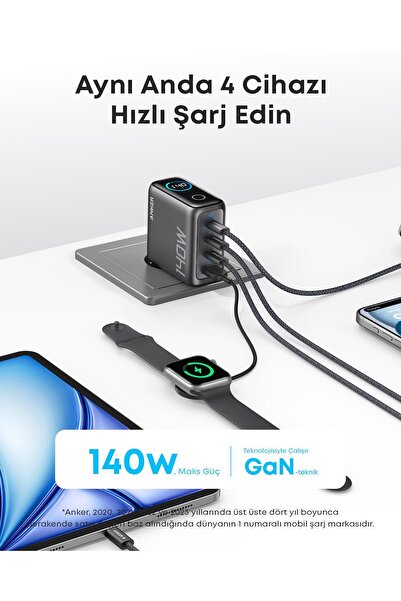 Anker Laptop Şarj Cihazı (140W, 4 Port, PD 3.1) - Koyu Gri - A2697