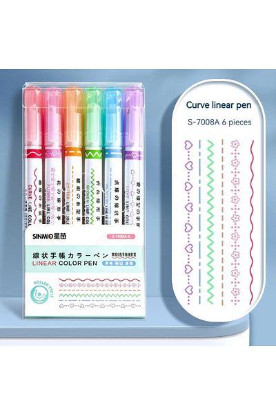 Choice 7008A-6 Colors 6Pcs/Set Flower Line Shape Highlighter Pen Roller Tip Curve Liner Marker Kawaii Korea