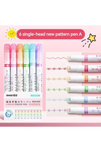 Choice 7058A-6 Colors 6Pcs/Set Flower Line Shape Highlighter Pen Roller Tip Curve Liner Marker Kawaii Korea