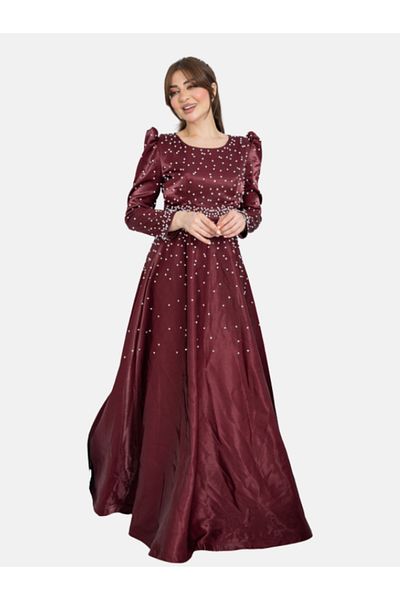 Nice Model Burgundy Pearl Embellished Long Sleeve Maxi Dress - Elegant Evening Gown with Sequin Details