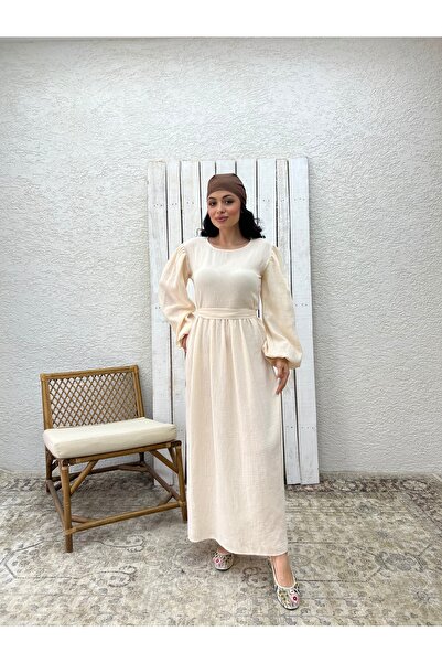 KÜÇÜĞÜM BUTİK Φόρεμα Hijab Cream Muslin Gathered Waist