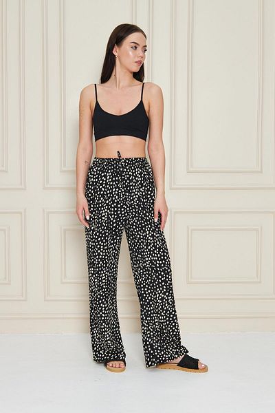 Kutaf Black Polka Dot Wide Leg Summer Viscose Trousers