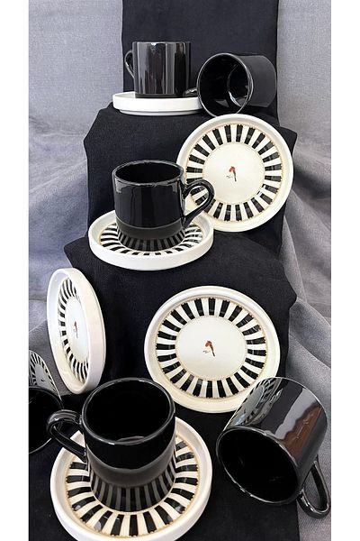 Erbaşlar Love Bırd Black Series 12 Piece Luxury Ceramic Coffee Cup Set Turkish Coffee Cup