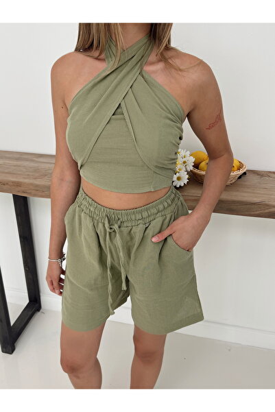 orjinal blue b Satin Cross Collar Shorts Double Suit