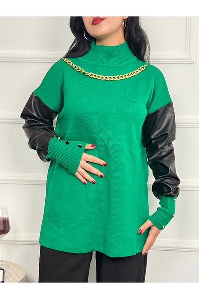 RACE FASHİON Necklace Detailed Sleeve Part Leather Knitwear Sweater Rc8205