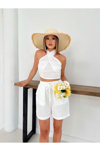 ALLEYTA Women's Halter Neck Gipeli Blouse Shorts Set