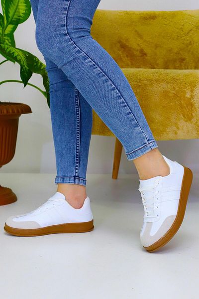 Weynes Unisex Λευκή 2 ρίγες καφέ σόλα casual αθλητικά παπούτσια WSB4072