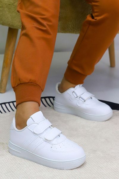 Weynes Pantofi sport casual pentru copii, albi, cu 2 dungi, cu velcro WSB4084