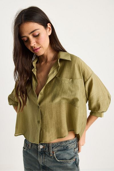 Bianco Lucci Women's Self Striped Half Sleeve Single Pocket Detailed Shirt 2108 60283328