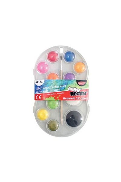 daço Daco Watercolors with Brush, Model Albu Black, 12 Colors with High Pigment Content