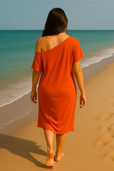 Hayalet Off Shoulder Slit Oversize Combed Cotton Tunic Loose Dress