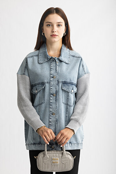 Suede Style 9289 - Jachetă de blugi pentru femei, confortabilă și elegantă, cu detalii de tricotat pe mâneci