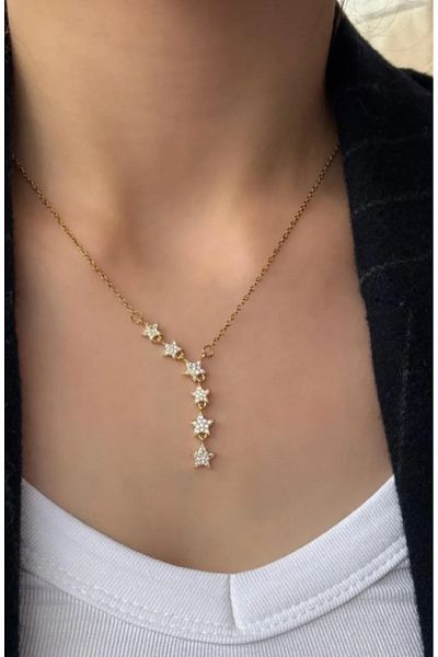 Ervalina Zircon Stone Shooting Star Y Steel Necklace - with Shiny Stones