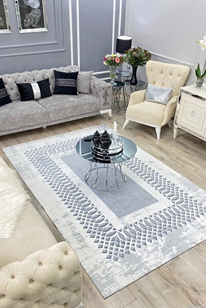 CENTER AVM Gri Halı Salon Halısı Makinede Yıkanabilir Kaymaz Taban Tay Tüyü Halı