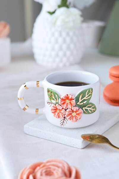 ada mia seramik Handmade Flower Figured 24K Gold Decorated Ceramic Mug 200ml