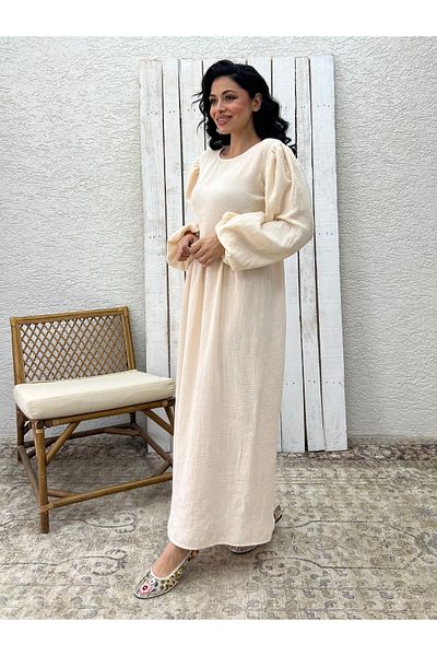 KÜÇÜĞÜM BUTİK Hijab Cream Muslin Gathered Waist Dress