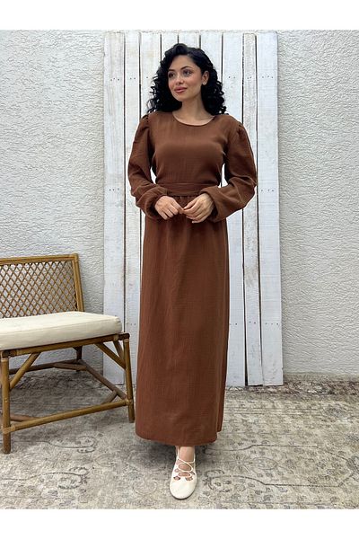 KÜÇÜĞÜM BUTİK Hijab Brown Muslin Gathered Waist Dress