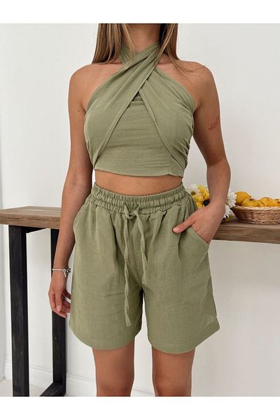 ALLEYTA Women's Halter Neck Gipeli Blouse Shorts Set