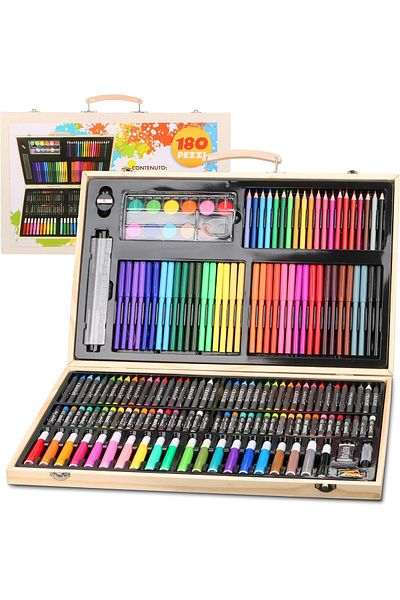 rexa 180-Piece Art & Craft Drawing Kit – Watercolor Pens, Crayons, Oil Pastels & Colored Pencils