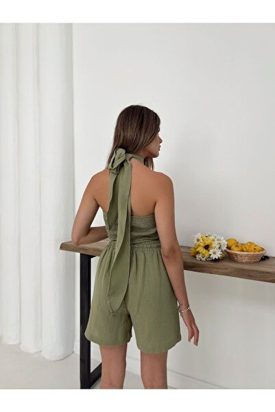 ALLEYTA Women's Halter Neck Gipeli Blouse Shorts Set