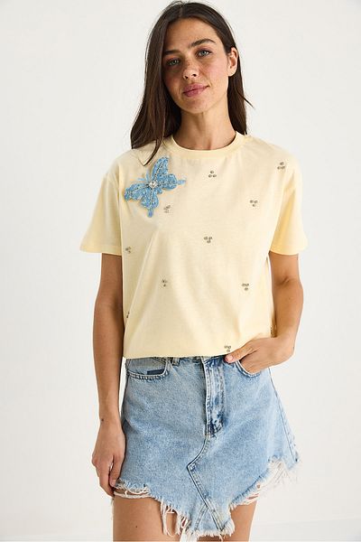 Bianco Lucci Women's Butterfly Accessory Stone Embroidered Short Sleeve T-Shirt 60602036