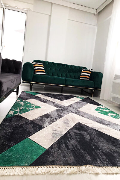 CENTER AVM Yeşil Halı Salon Halısı Makinede Yıkanabilir Kaymaz Taban Tay Tüyü...