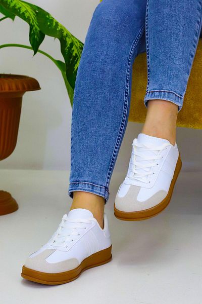 Weynes Unisex Λευκή 2 ρίγες καφέ σόλα casual αθλητικά παπούτσια WSB4072
