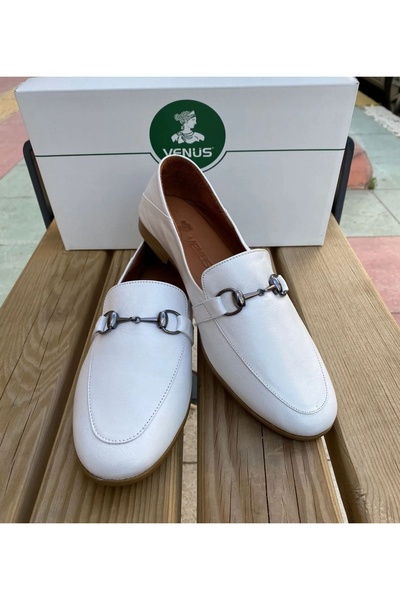 Venüs Toka Detaylı Hakiki Deri Beyaz Kadın Babet 21983501