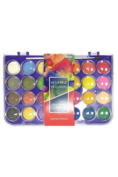 daço Acuarele Daco cu pensulă, 28 de culori cu conținut ridicat de pigment, diametru pastilă 28 mm