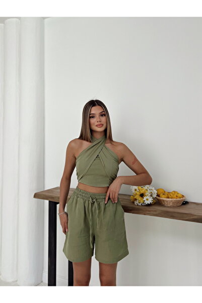 orjinal blue b Satin Cross Collar Shorts Double Suit