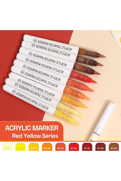 Choice Red Yellow Series Automatic Ink Control Acrylic Paint Markers, 9 pcs Brush Tip Acrylic Paint Pens se