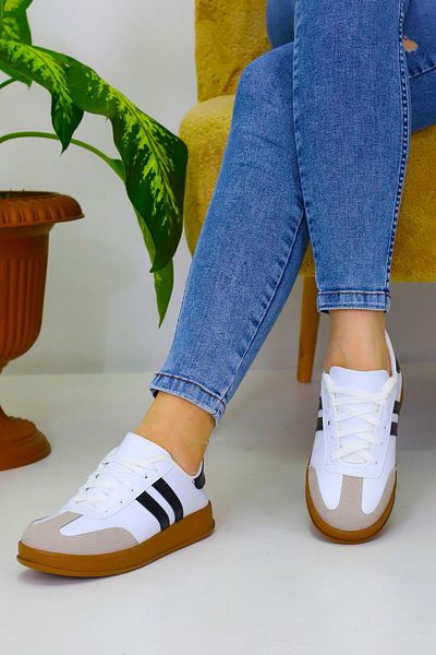 Weynes Unisex, alb, negru, cu 2 dungi, cu talpă maro, pantofi sport casual WSB4072