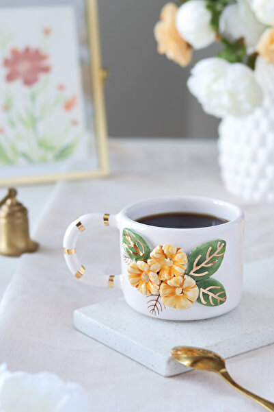ada mia seramik Handmade Flower Figured 24K Gold Decorated Ceramic Mug 200ml