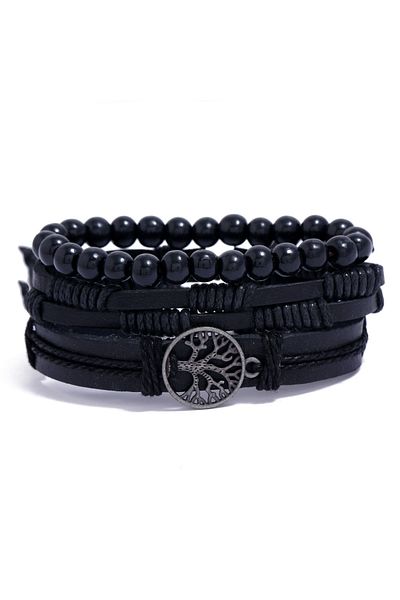 Choice 13 4Pcs/ Set Braided Wrap Leather Bracelets for Men Vintage Life Tree Rudder Charm Wood Beads Ethnic