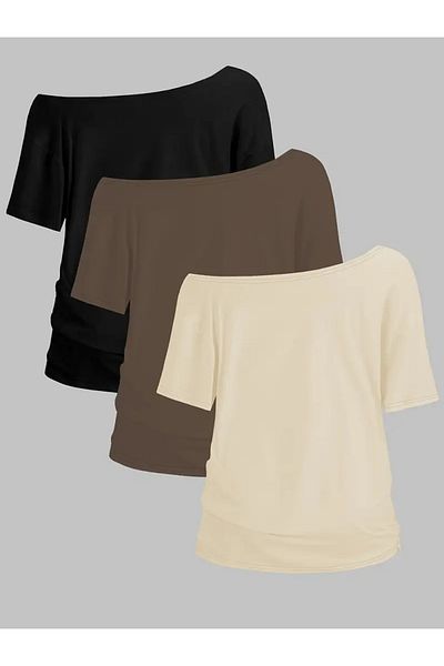 Machetta Women's Off Shoulder Boat Neck 3-Piece T-Shirt Set