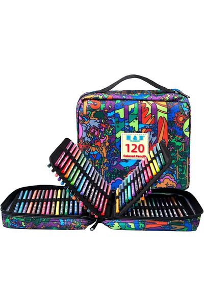 H&B Set of 120 Colored Pencils, Multicolor with Pencil Case, Coloring Books, Sharpener and Eraser, N