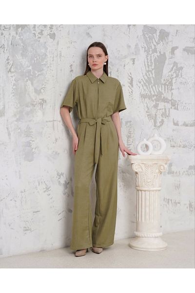 PETITE Belted shirt collar loose overalls khaki s255822