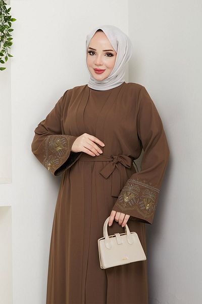 Tesettür Dünyası Σετ Abaya με Κεντητό Εσώρουχο TSD250197 Καφέ