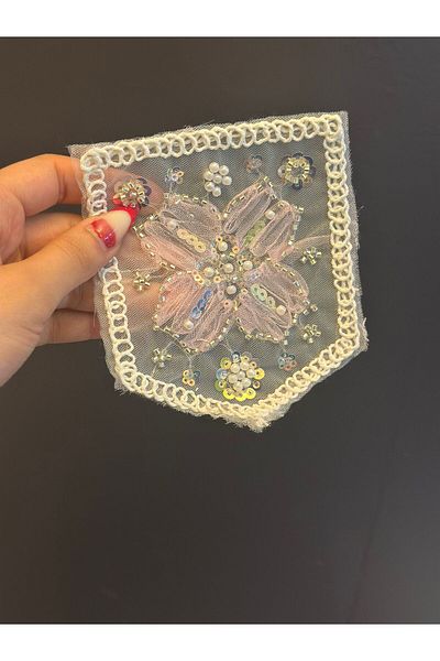 Gönülden Tasarım Bead Sequence Embroidery Flowered Pocket Arma 14X12 cm Pink