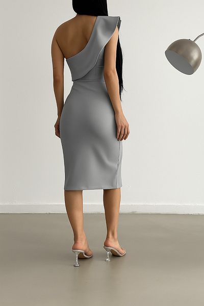 Deafox Gray Scuba Fabric Dress with Flywheel and Slit Detail