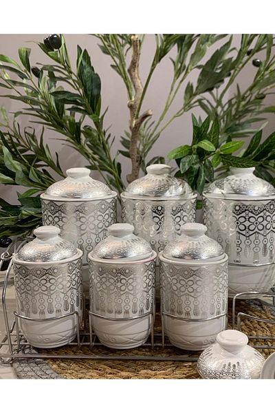 rexa 7-Piece Luxury Porcelain Spice Set – Gold Gilded Versace-Inspired White Storage Jars with Stand