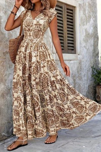 Mossta Patterned Double Breasted Collar Short Sleeve Maxi Length Single Jersey Dress - Coffee