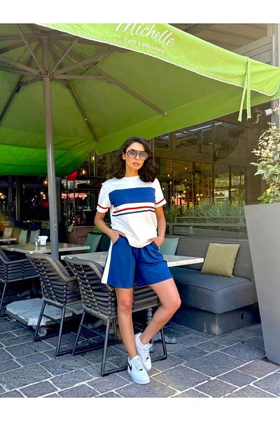 Elaxi Modal Fabric Shorts & T-Shirt Set with Stripe on the Front