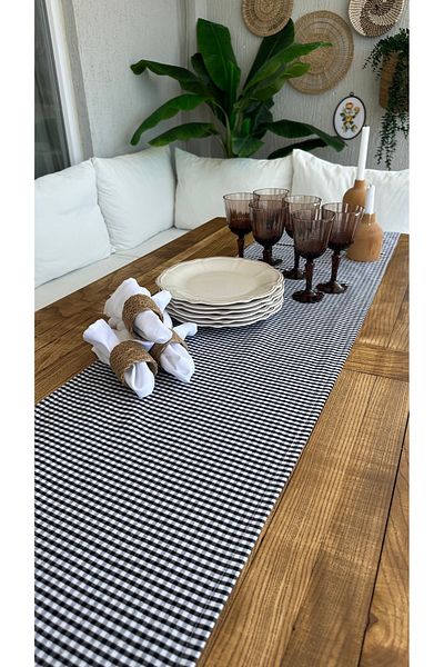 Decamor home Cotton Linen Black White Mini Gingham Runner